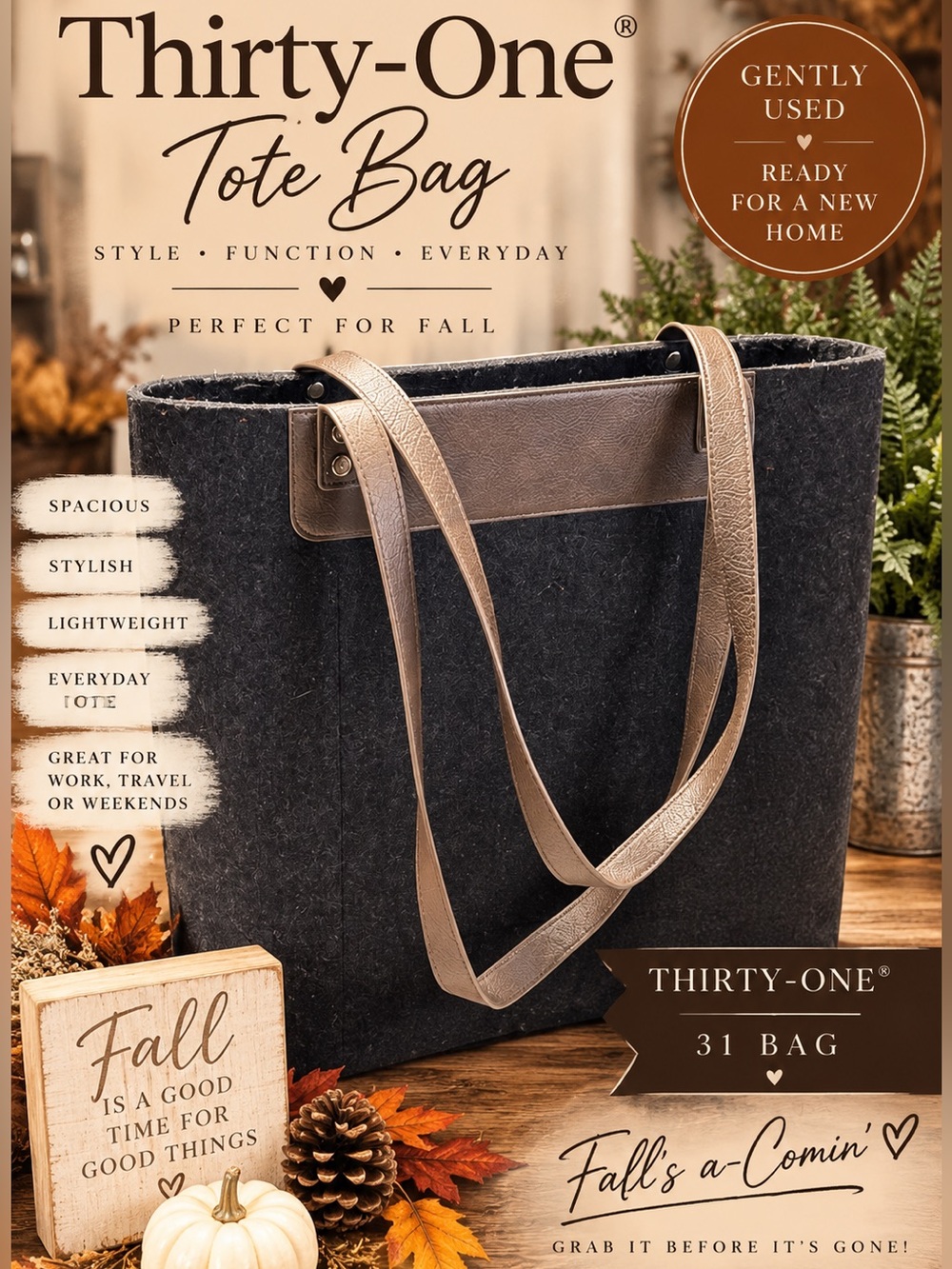 Thirty One Bag Jewell Elegant Black and Brown Tote Bag